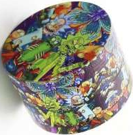 Colorful cylindrical object with a pattern of characters and elements on a white background