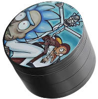 Black herb grinder with colorful cartoon design on a white background