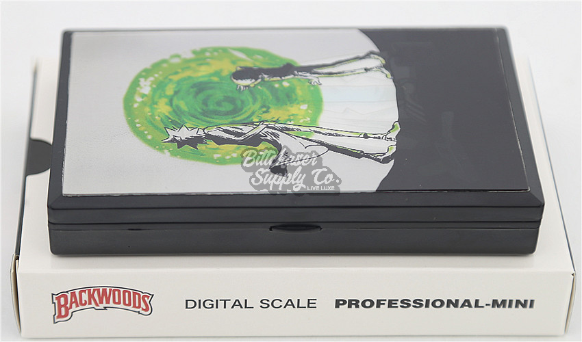Backwoods digital scale packaging with a design on the lid