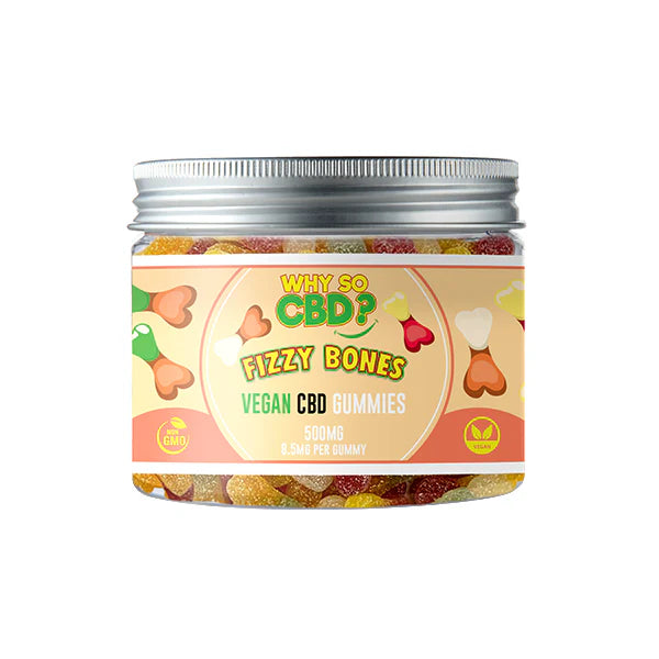Jar of Fizzy Bones Vegan CBD Gummies with colorful packaging on a white background