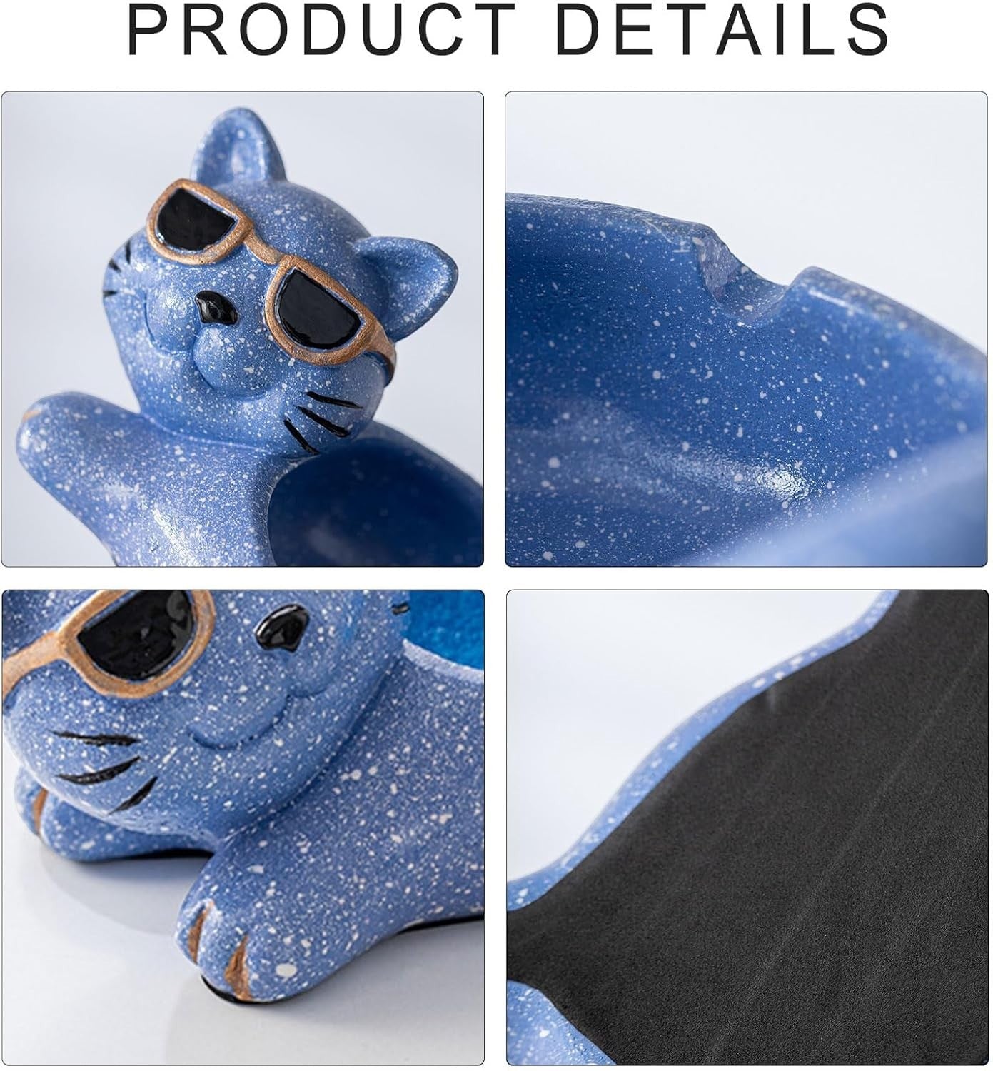 Bittchaser Supply Co. blue speckled ceramic Lucky Cat ashtray with sunglasses, showing detailed texture and base.