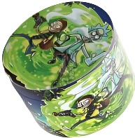 Colorful cylindrical object with cartoon characters on a white background