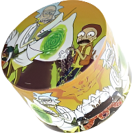 Cartoon character on a cylindrical container with colorful design