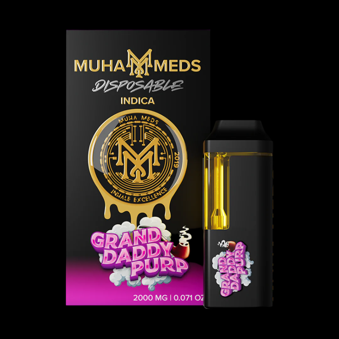 Muha Meds disposable vape pen packaging with 'Grand Daddy Purp' branding on a white background.