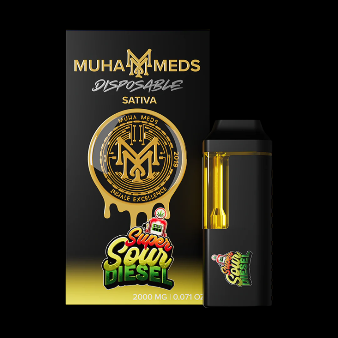 Muha Meds disposable vape pen packaging with branding and product details.