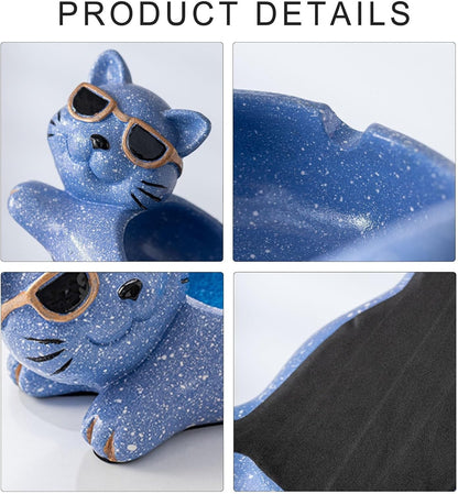 Bittchaser Supply Co. blue speckled ceramic Lucky Cat ashtray with sunglasses, showing detailed texture and base.