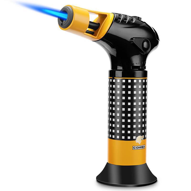 Butane torch with blue flame on a white background