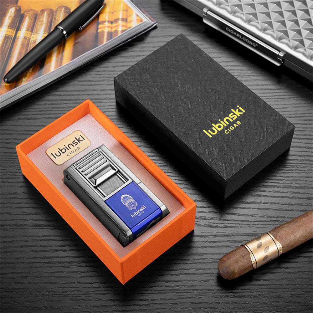 Lubinski Jet Lighter V Cutter With Punch Cigar Needles Picker Multifunctional Cigar Lighter Butane Gas